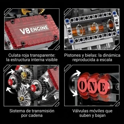 Motor de bloques V8 con culata transparente (478 piezas)