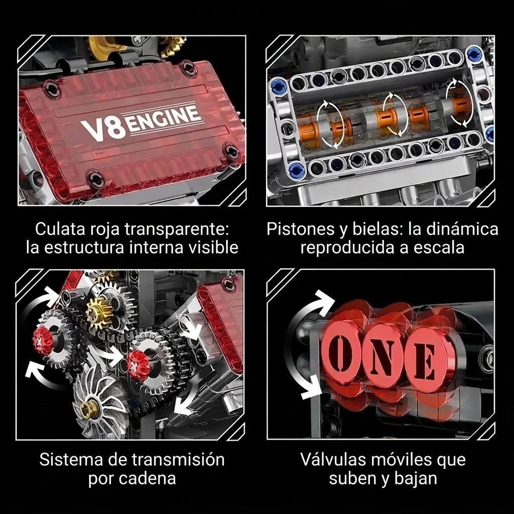 Motor de bloques V8 con culata transparente (478 piezas)