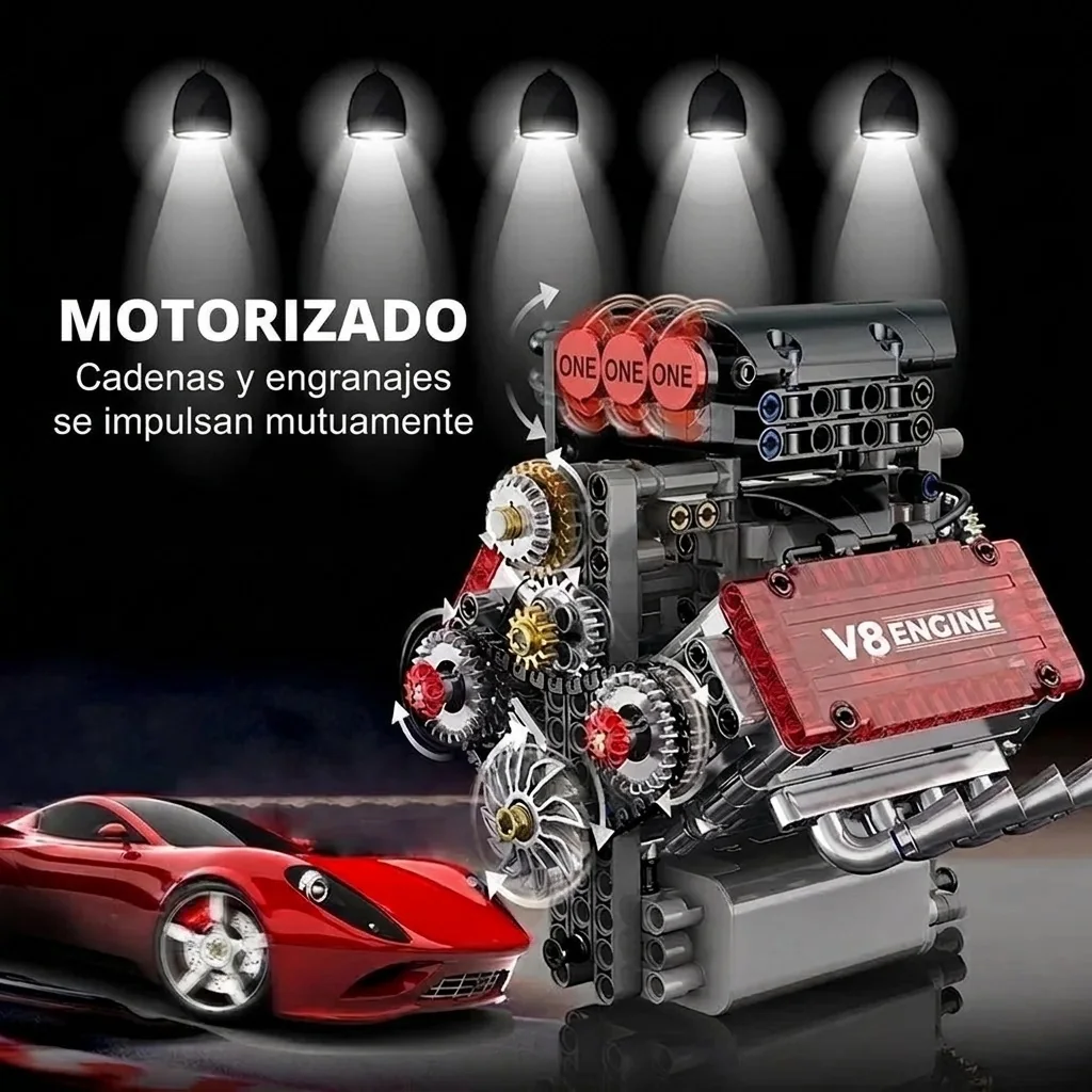 Motor de bloques V8 con culata transparente (478 piezas)