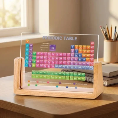 Tabla periódica de metacrilato con base de madera