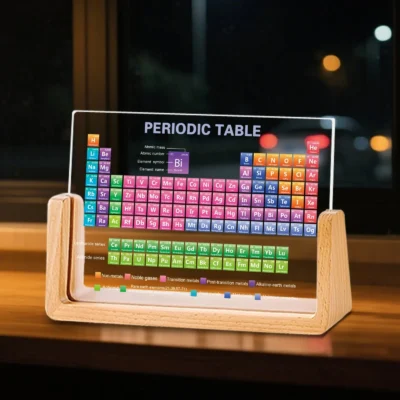 Tabla periódica de metacrilato con base de madera