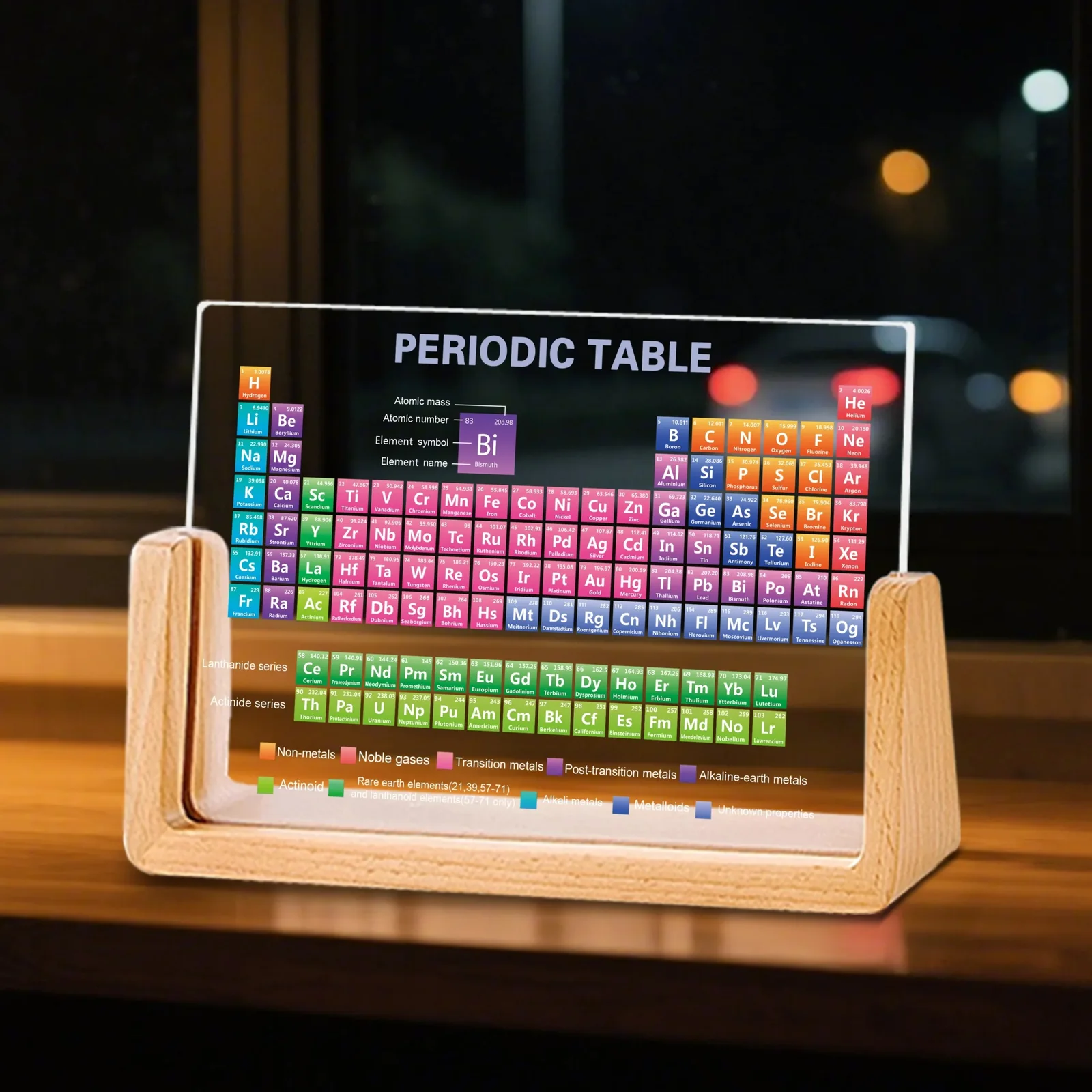 Tabla periódica de metacrilato con base de madera