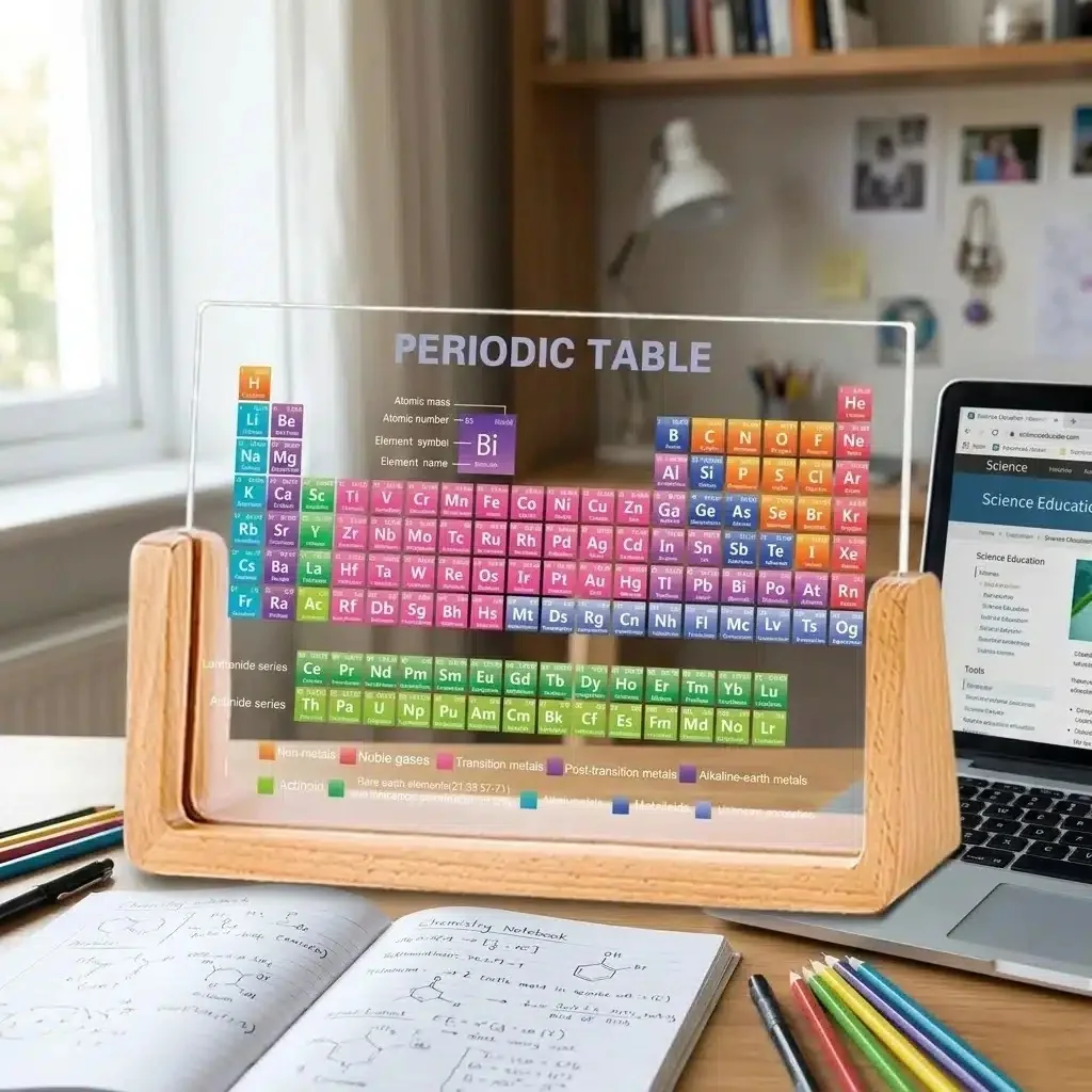 Tabla periódica de metacrilato con base de madera