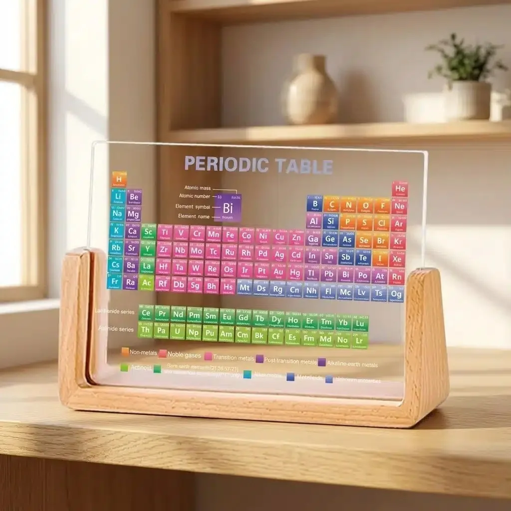 Tabla periódica de metacrilato con base de madera