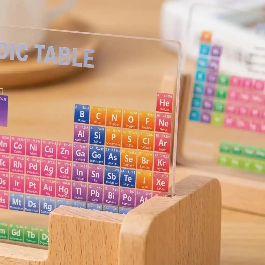 Tabla periódica de metacrilato con base de madera