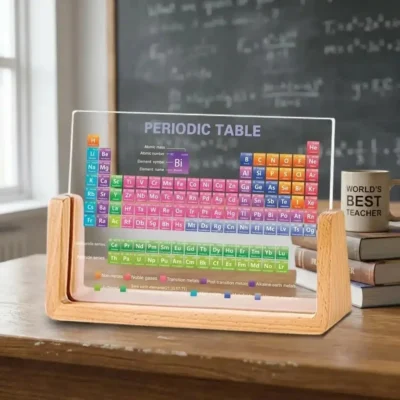 Tabla periódica de metacrilato con base de madera