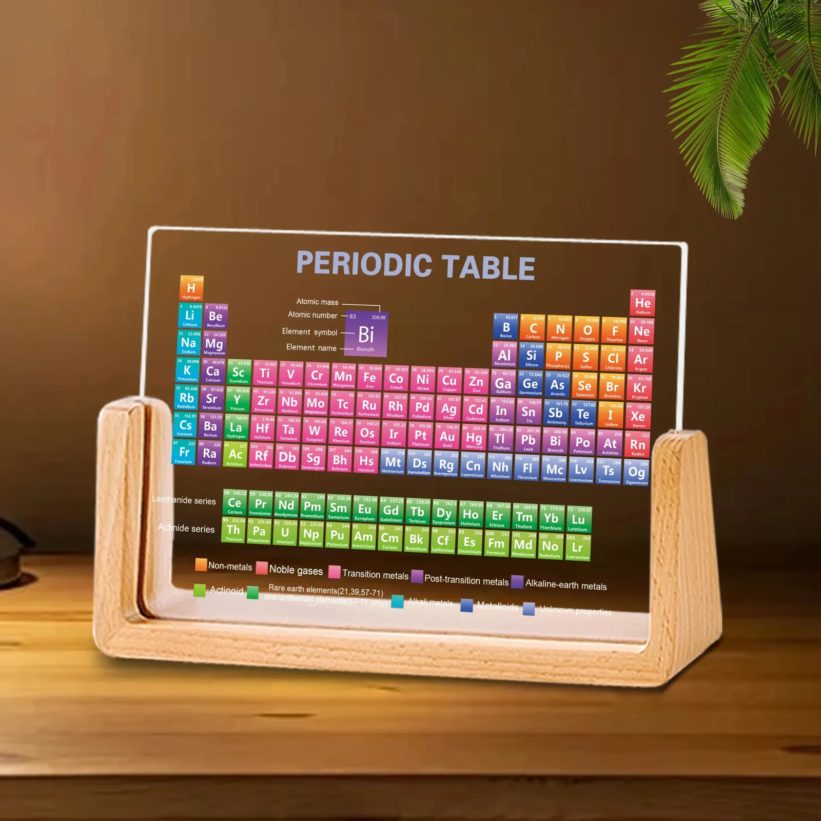 Tabla periódica de metacrilato con base de madera
